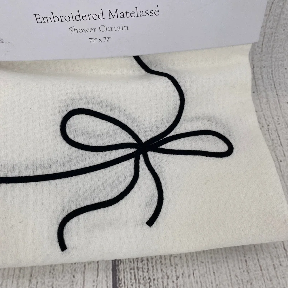 Hotel Shower Curtain White Black Embroidered Matelasse Bow Border Crisp Coquette